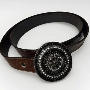 Western Belt Rhinestone Brass Medallion Leather Size L/XL 35"-40" Boho Festival